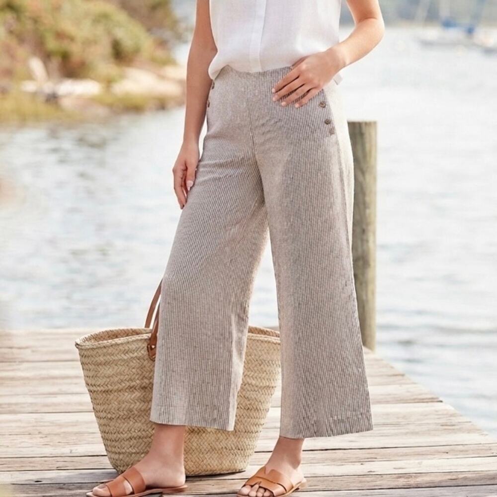 J.JILL | Love Linen Mini Striped Wide-Leg Pants Taupe White Button | Size Large